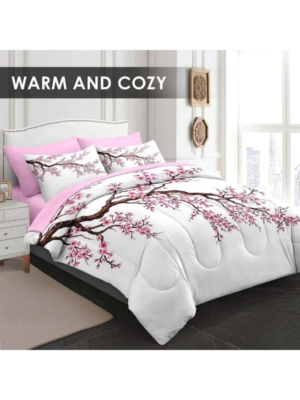 7-Piece Queen Comforter Set with Sheets - Japanese Cherry Blossom Bedding